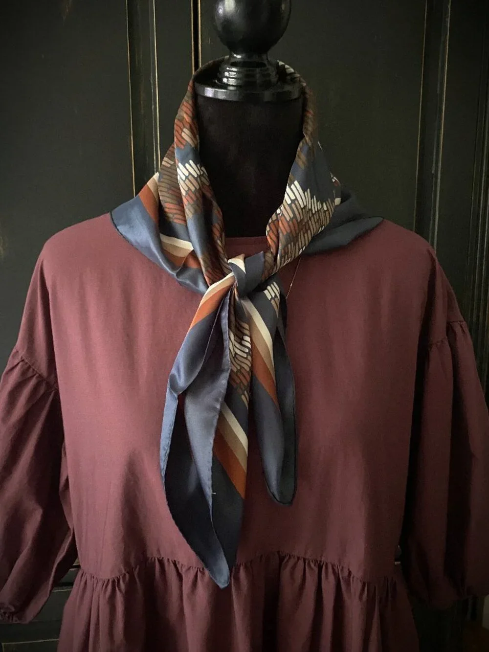 Vintage Square Scarf - Navy Rust Brown Cream Geometric Print - Silky Satin Look